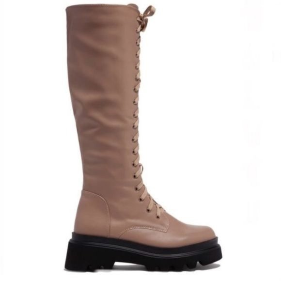 !! NEW !! Knee High Lack Up Combat Boots with Side Zip in Taupe - Picture 6 of 8